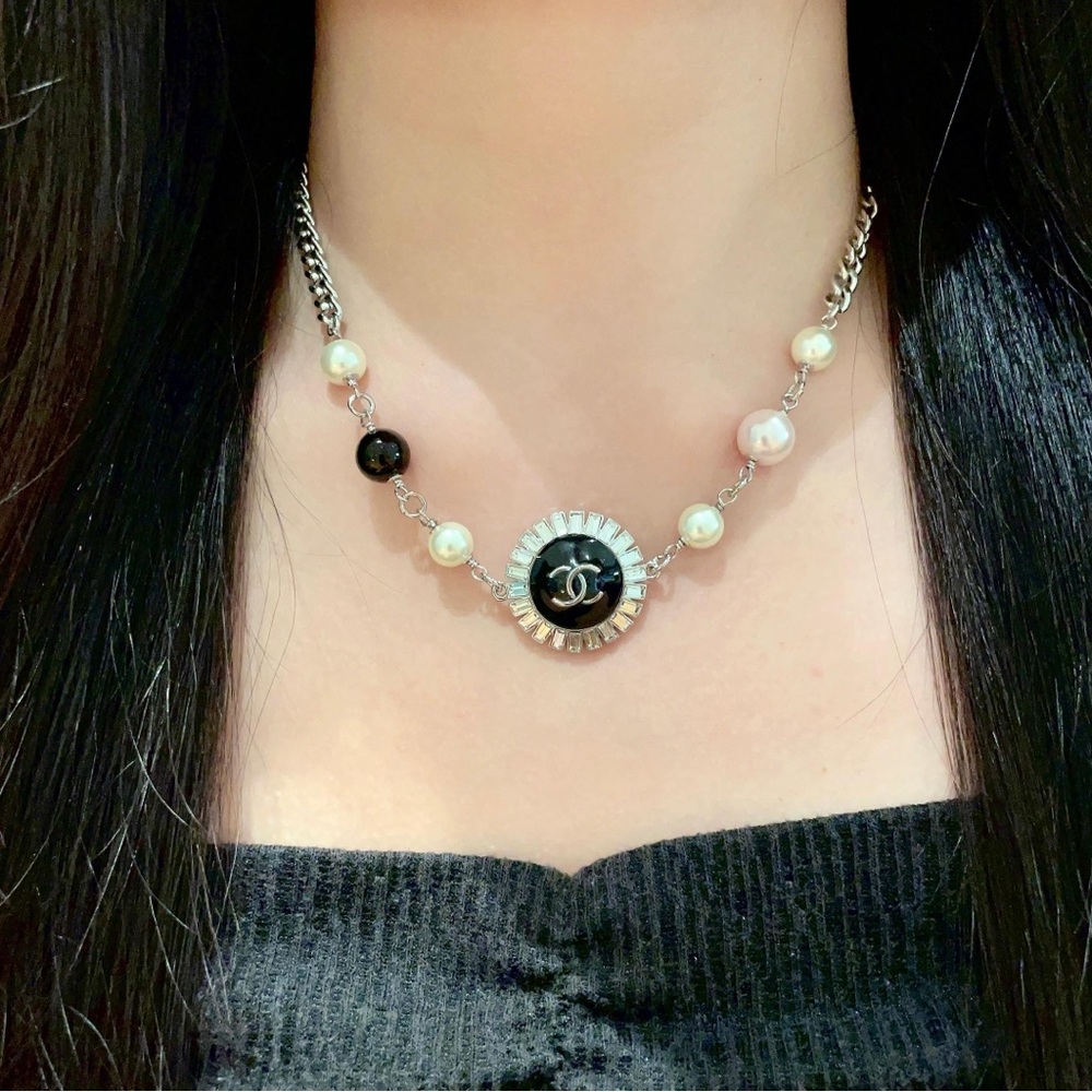CHANEL Silver and Black Pearl Necklace